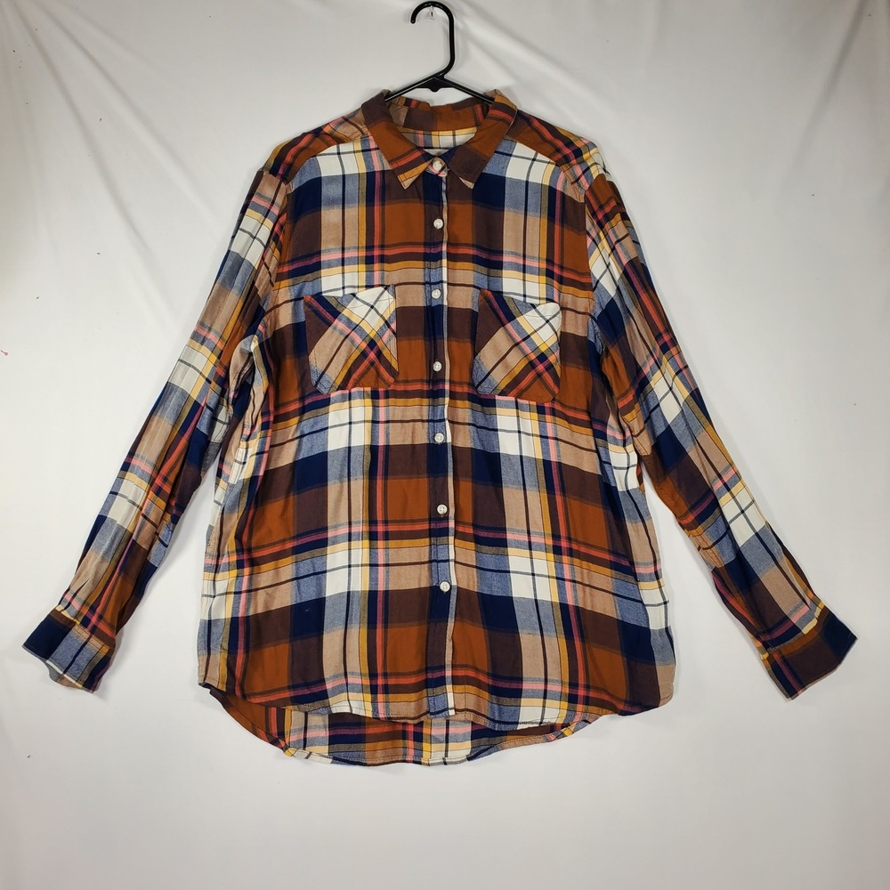 Mossimo Supply Co Womens XL Boyfriend Fit Plaid Button Down Shirt Brown Blue - Picture 6 of 7